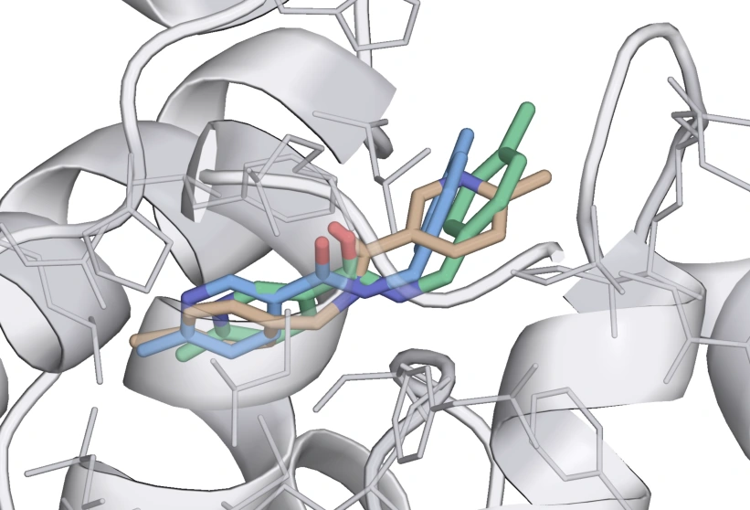 Clean final ligand pose overlay for 8CEX · UG0, showing crystal reference in green, MARTINI in blue and potentials-only in tan