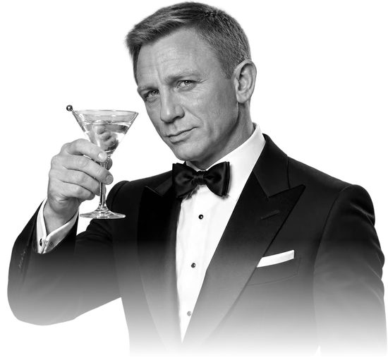 Monochrome Bond-inspired spy raising a martini glass